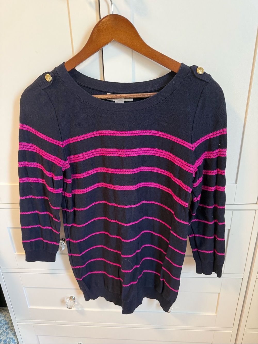 Banana Republic Navy Sweater with Pink Stripes and Shoulder Buttons